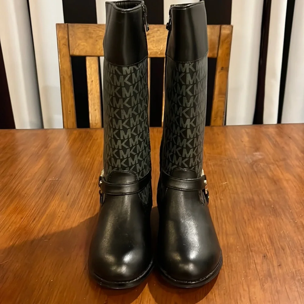 NWT Michael Kors Black MK Logo Tall Riding Boots with Gold Accent